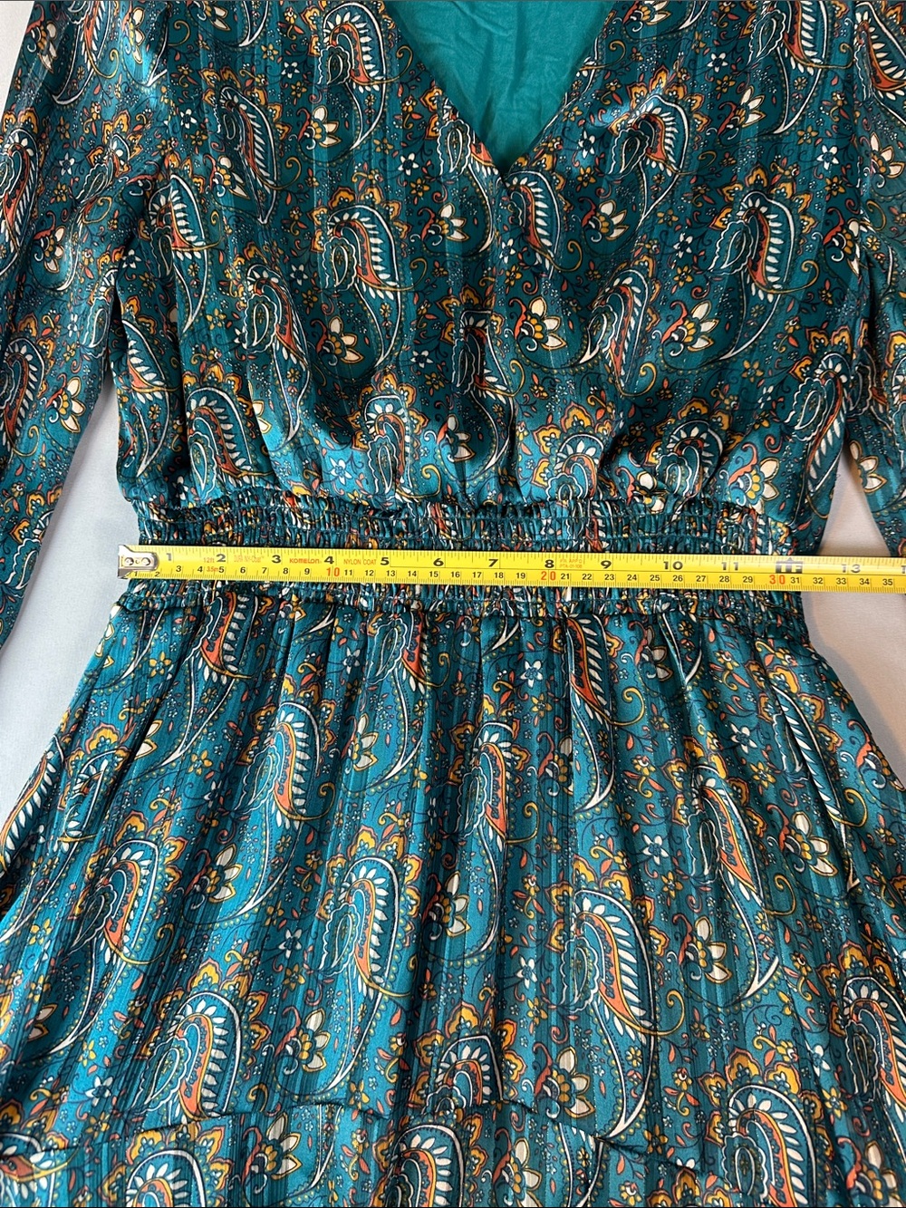 Esqualo Dress Womens 10 Green Blue Paisley Chiffon Fit Flare Long Sleeve Boho - Picture 4 of 5